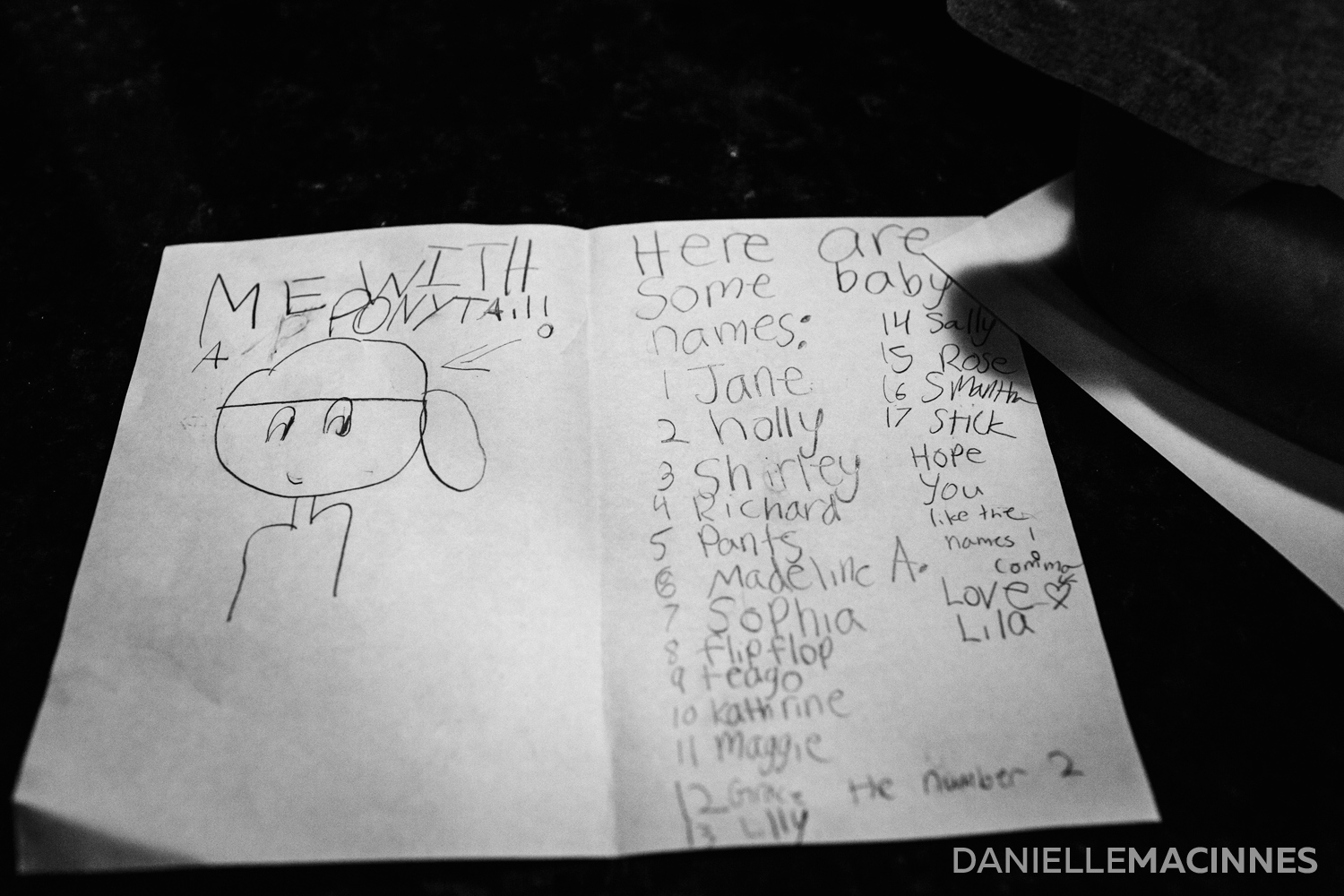 List of baby names in child's handwriting
