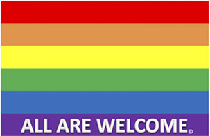rainbow flag with words all are welcome in white text 